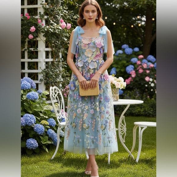Just Me Dresses & Skirts - Boutique Just Me Blue 3D Floral Embroidered Tulle Midi Dress NWT  Size Small